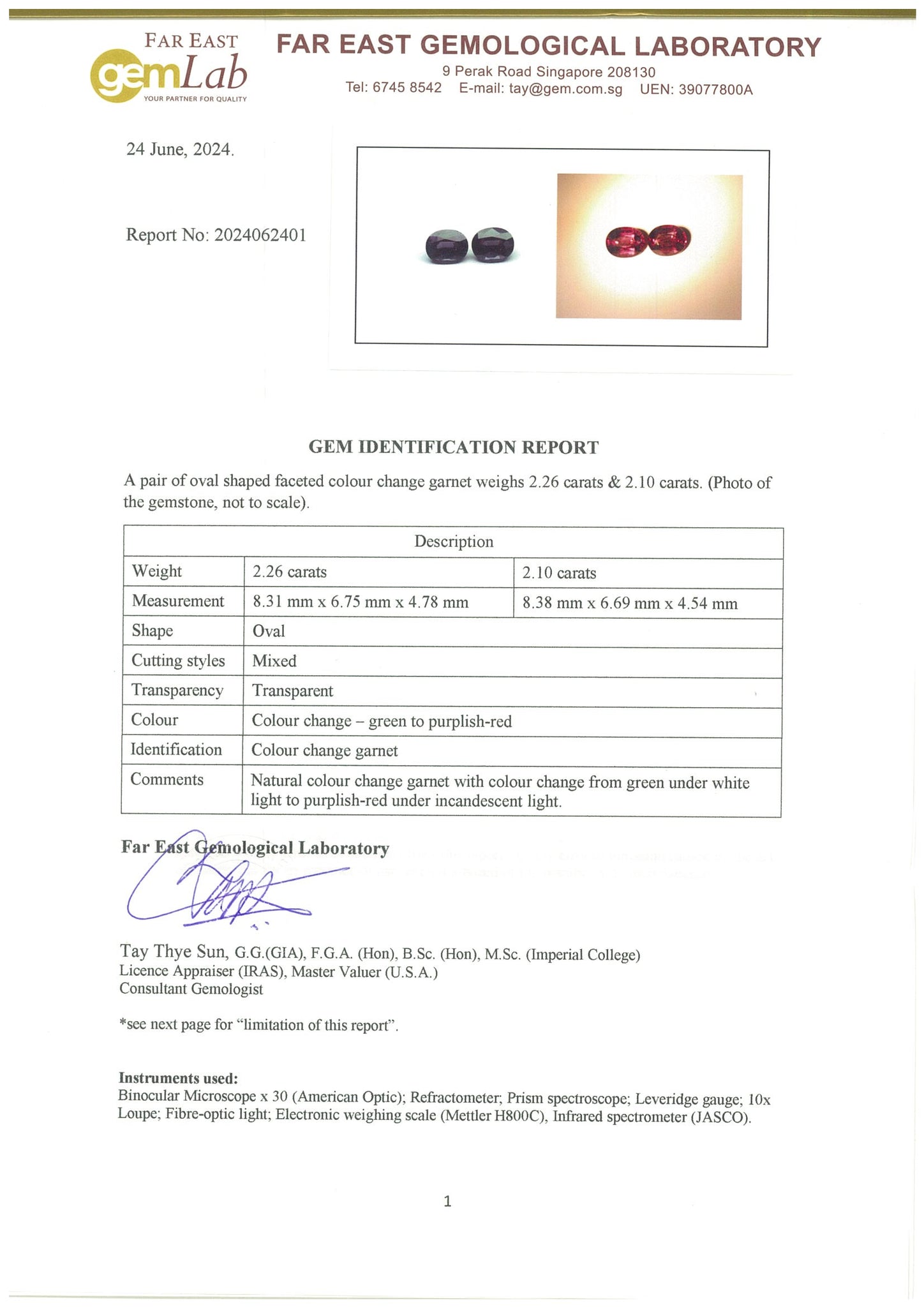 Colour Change Garnet pair 2.29ct and 2.10ct - Far East Gems & Jewellery