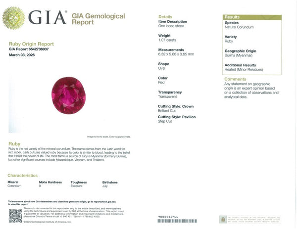1.07ct Natural Red Ruby(Heated)-Burma/Myanmar - Far East Gems & Jewellery