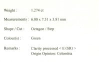 1.274ct Natural Green Emerald(Clarity enhanced)  Colombia - Far East Gems & Jewellery