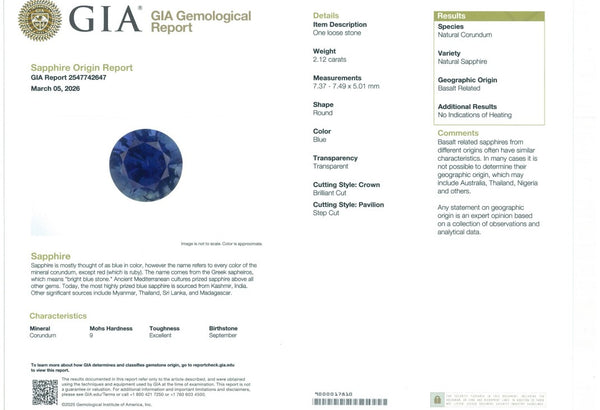 2.12ct Blue Natural Sapphire(Unheated)Basalt Related - Far East Gems & Jewellery