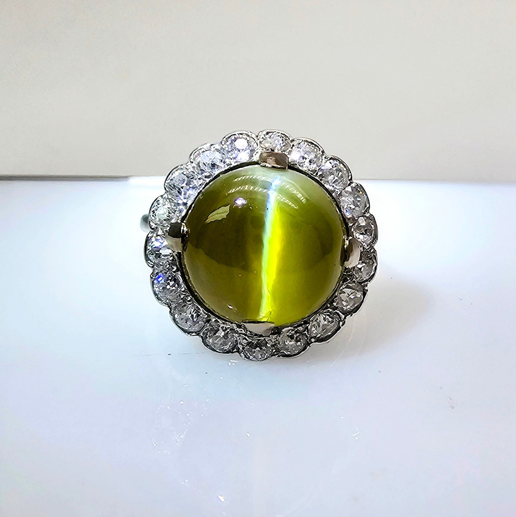 Cats Eye Chrysoberyl with old cut diamonds estate ring - Far East Gems & Jewellery