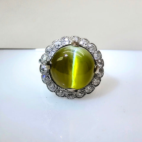 Cats Eye Chrysoberyl with old cut diamonds estate ring - Far East Gems & Jewellery