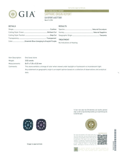 3.02ct Natural Greenish Blue changing to Grayish Purple Sapphire Unheated Tanzania