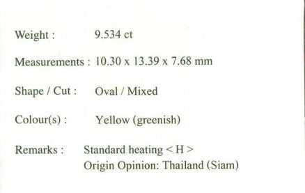 9.534ct  Natural Yellow Greenish Sapphire ( Heated) Thailand - Far East Gems & Jewellery