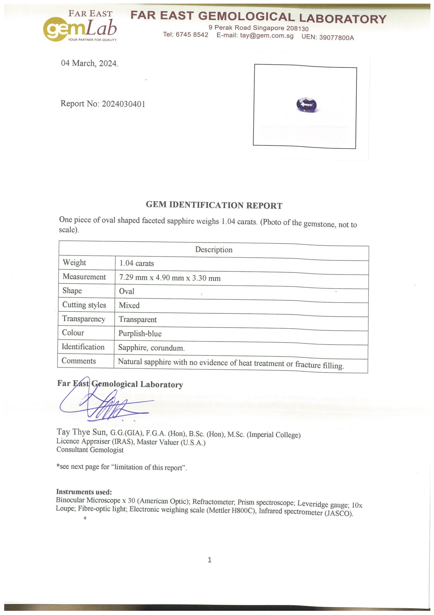 Unheated Natural Purplish Blue Oval Shape Sapphire 1.04ct - Far East Gems & Jewellery