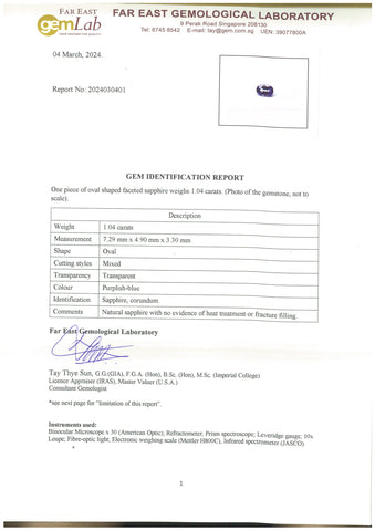 Unheated Natural Purplish Blue Oval Shape Sapphire 1.04ct - Far East Gems & Jewellery