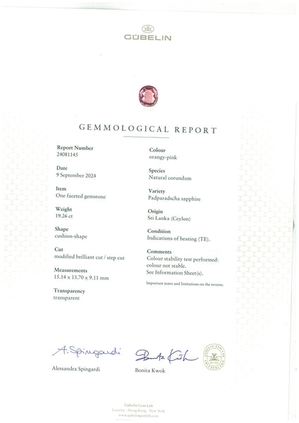 19.26ct  Natural Padparadscha Sapphire Excellent Rating Gubelin cert (Origin:Sri Lanka)