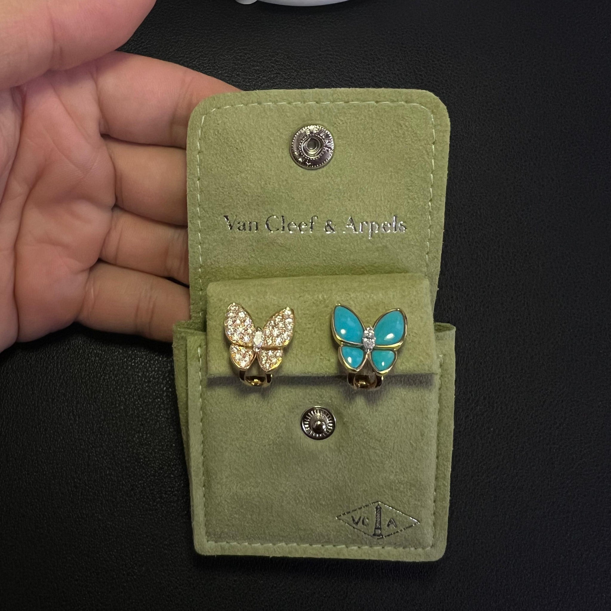 Van Cleef & Arpels 2 Butterfly earrings gold. Diamond & Turquoise (pre-loved) - Far East Gems & Jewellery