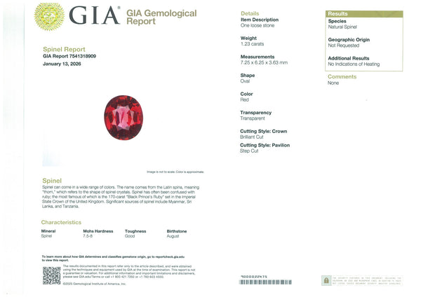 1.23ct Natural Red Spinel - Far East Gems & Jewellery