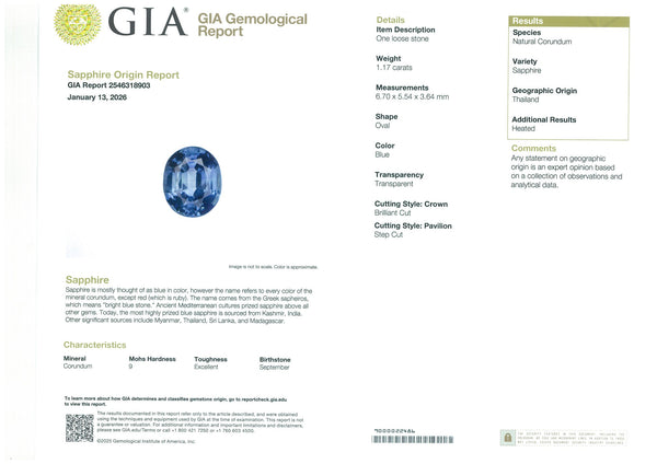 1.17ct Natural Blue Sapphire ( Heated) - Far East Gems & Jewellery