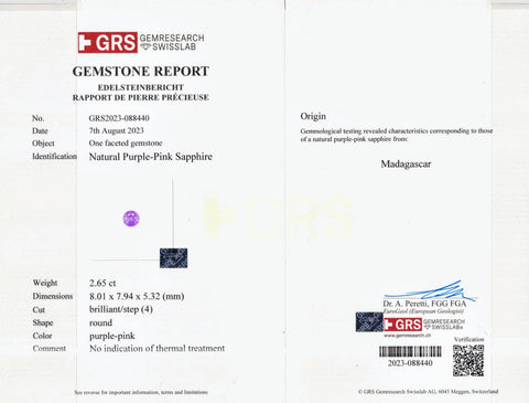 2.65ct Natural Purplish Pink Sapphire Round No heat Madagascar - Far East Gems & Jewellery