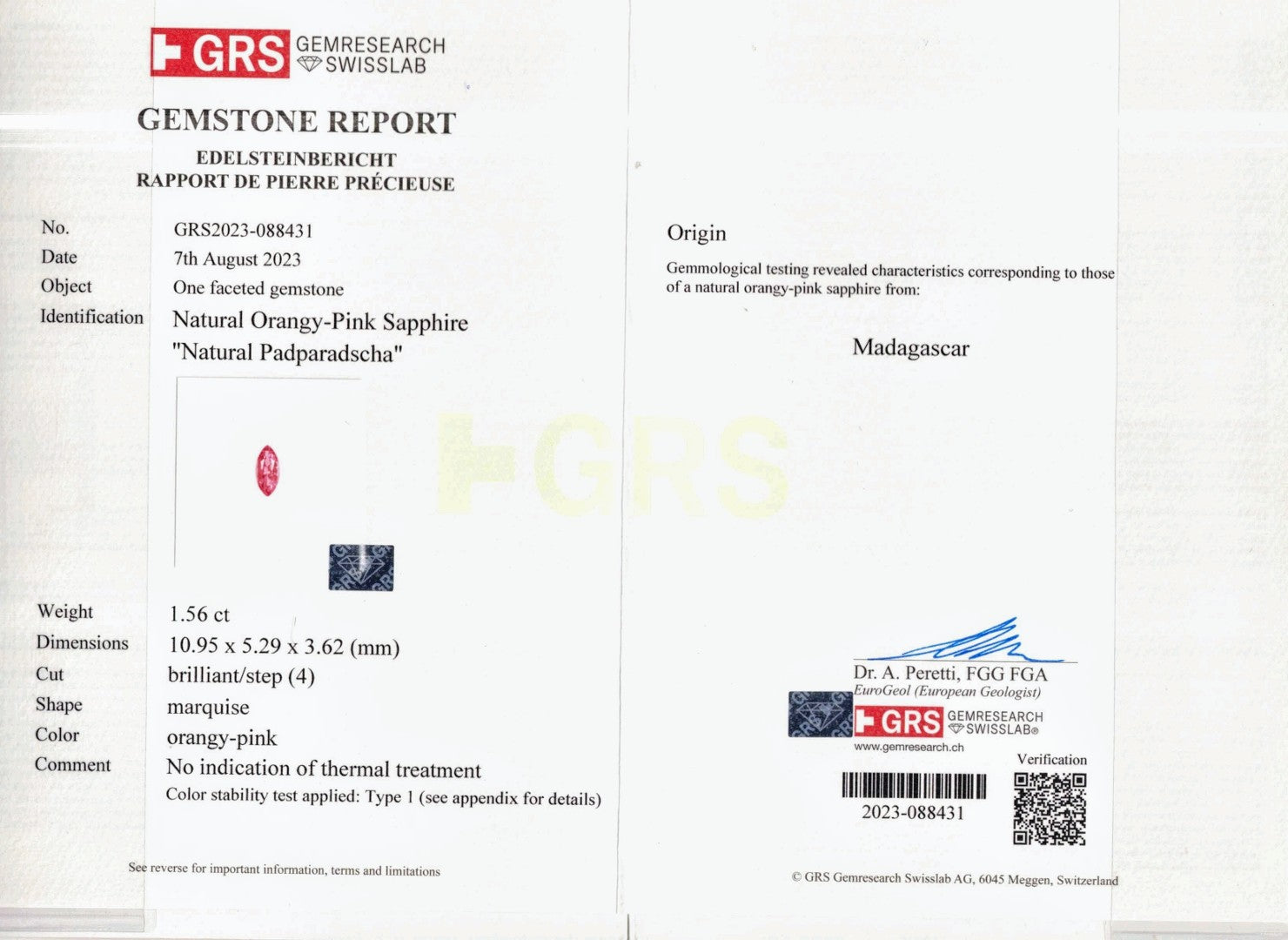 1.56ct Natural Padparadscha Sapphire No Heat Madagascar Marquise - Far East Gems & Jewellery