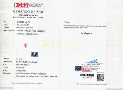 1.56ct Natural Padparadscha Sapphire No Heat Madagascar Marquise - Far East Gems & Jewellery