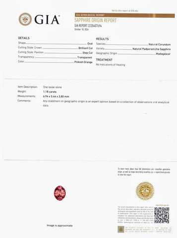 1.18ct Natural Padparadscha Sapphire No Heat oval - Far East Gems & Jewellery