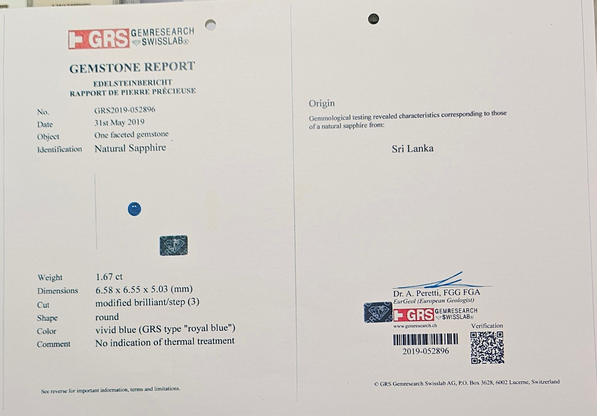 1.67ct Royal Blue Sapphire Round Shape No Heat - Far East Gems & Jewellery