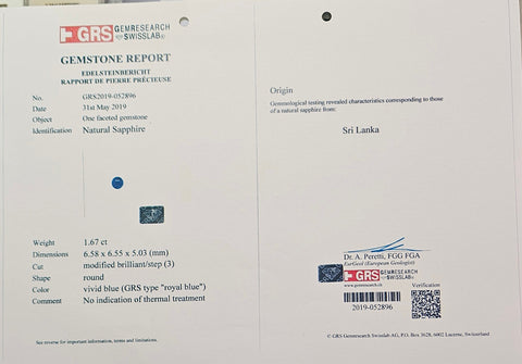 1.67ct Royal Blue Sapphire Round Shape No Heat - Far East Gems & Jewellery