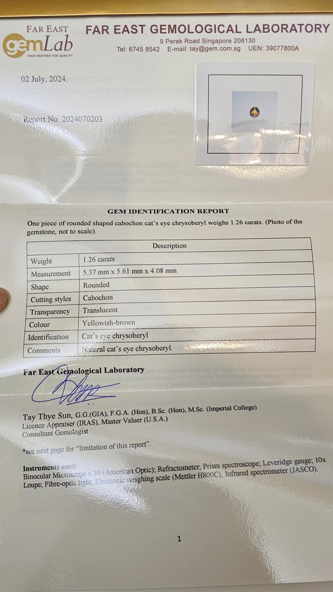 Natural Cats Eye Chrysoberyl 1.26ct - Far East Gems & Jewellery