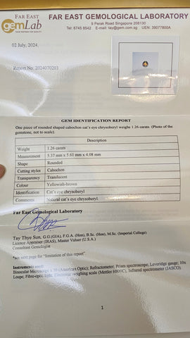 Natural Cats Eye Chrysoberyl 1.26ct - Far East Gems & Jewellery