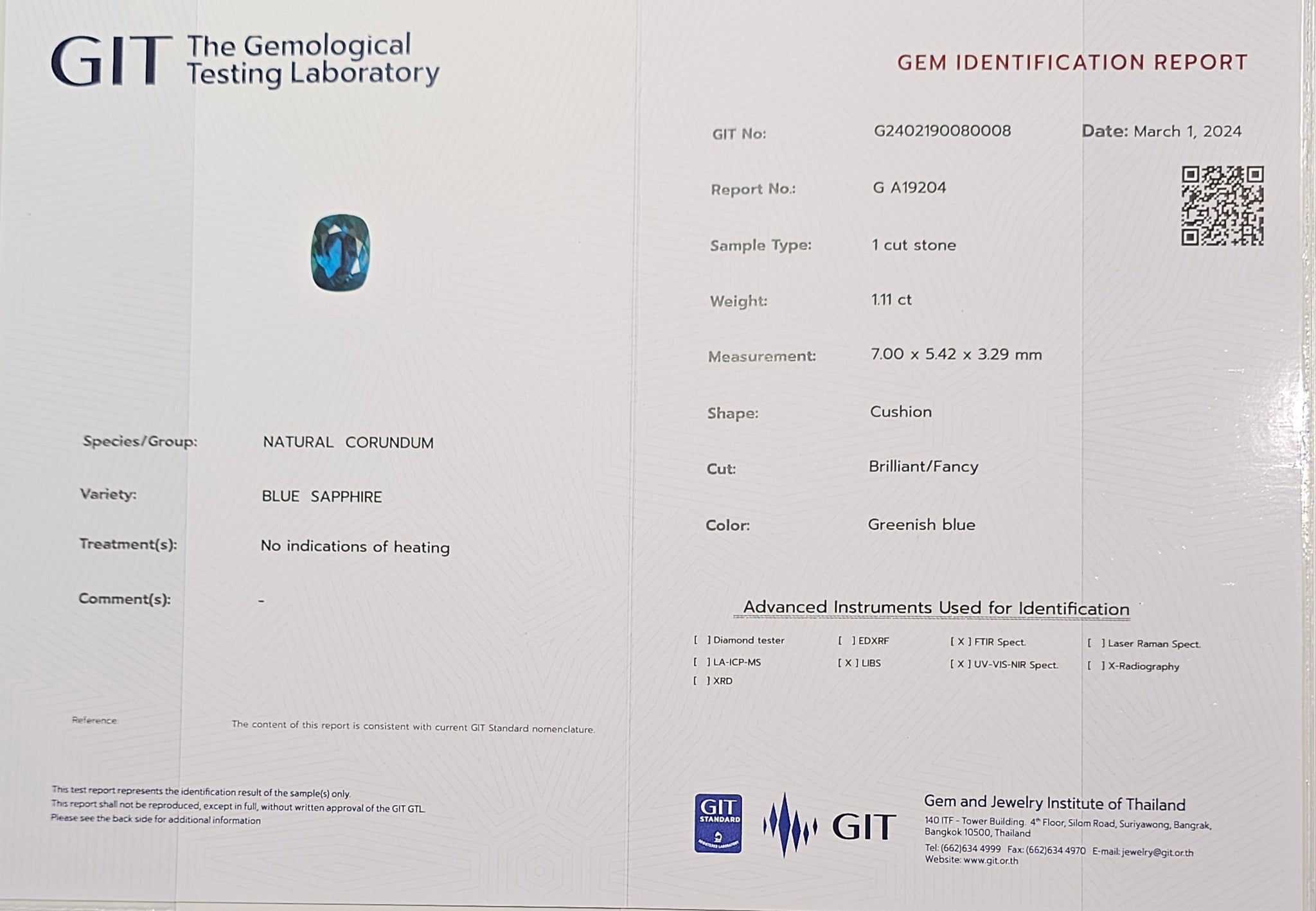 Greenish Blue Sapphire Natural No Heat 1.11ct - Far East Gems & Jewellery