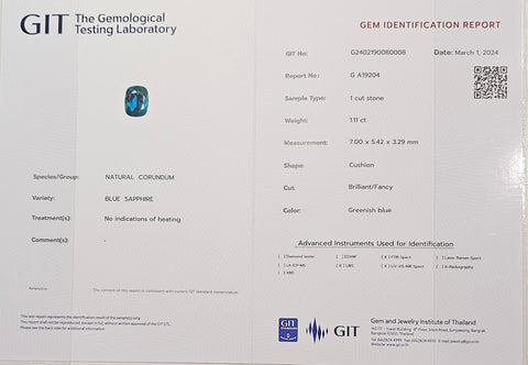 Greenish Blue Sapphire Natural No Heat 1.11ct - Far East Gems & Jewellery