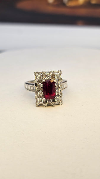 2.08ct Vivid Red Ruby Mozmabique No Heat set in 18k white gold ring with diamonds