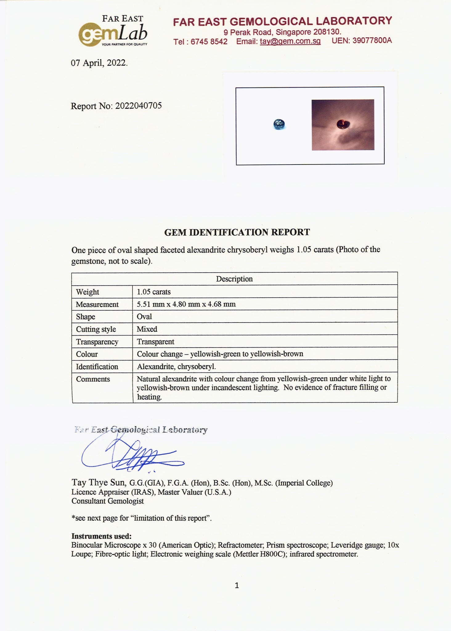 Alexandrite 1.05ct - Far East Gems & Jewellery