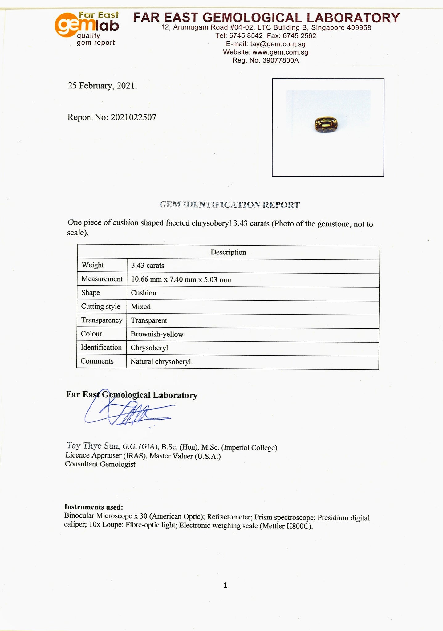 Chrysoberyl 3.43ct - Far East Gems & Jewellery