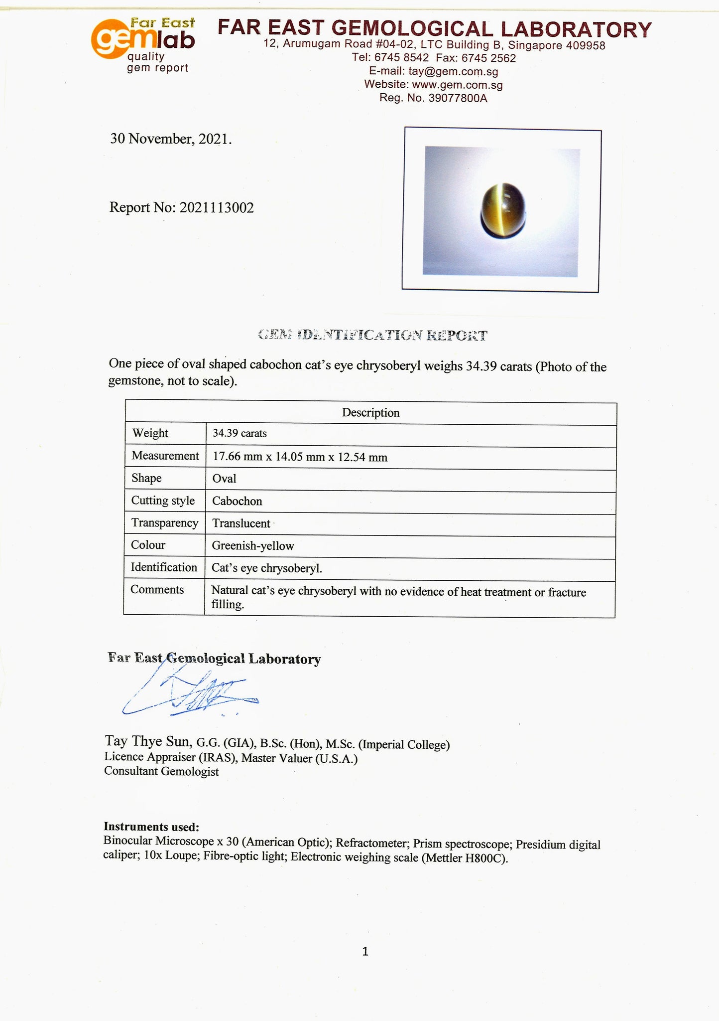 Chrysoberyl Cat's Eye 34.39ct - Far East Gems & Jewellery