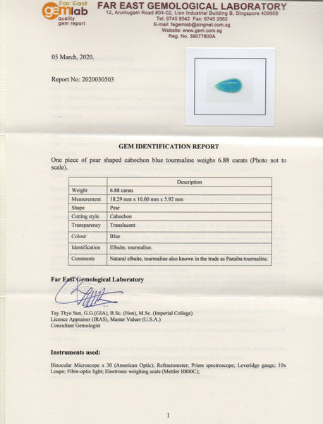 Paraiba Tourmaline 6.88ct - Far East Gems & Jewellery