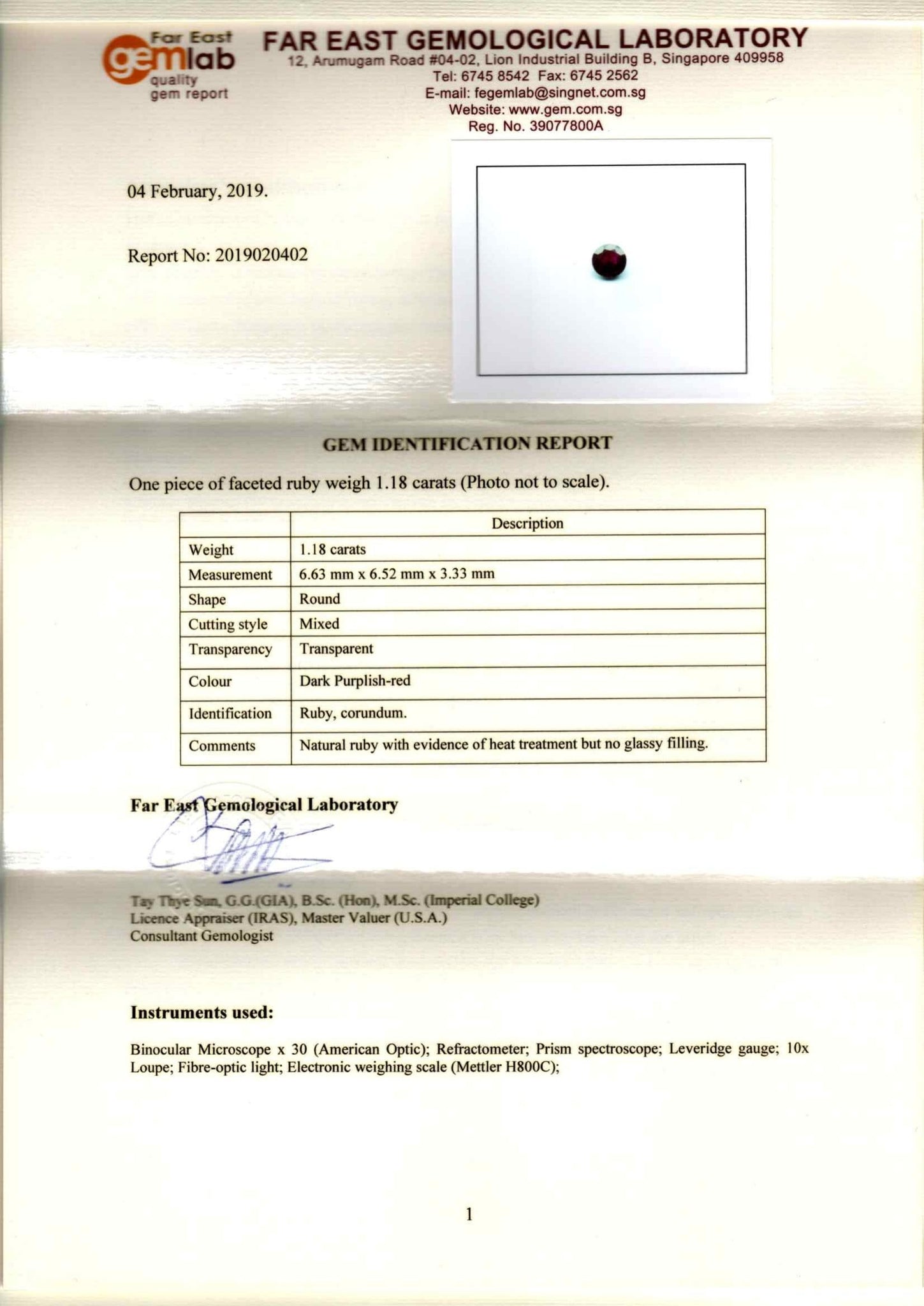 Ruby Round 1.18ct - Far East Gems & Jewellery