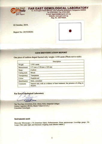 Unheated Burmese Ruby 1.01ct - Far East Gems & Jewellery